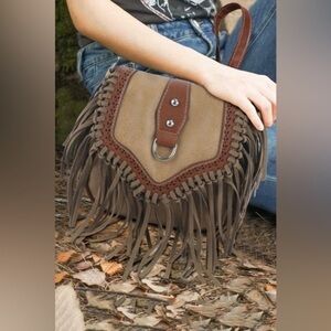 Boho Western Fringe Crossbody Saddle Bag Brown Suede & Faux Leather NWT